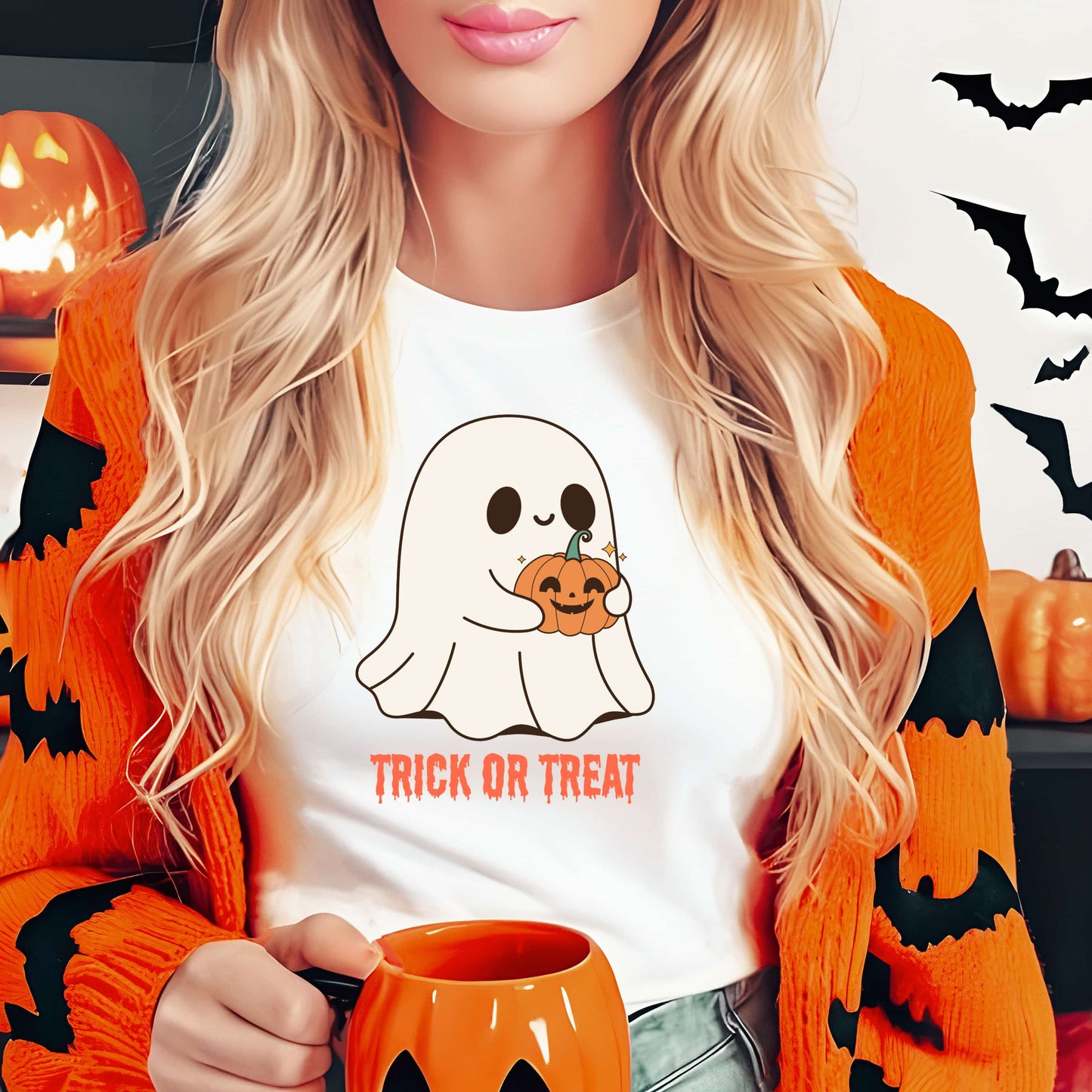 Cute Ghost Halloween Shirt for Women – Spooky Season Tee, Trick or Treat Party Top, Scary Cute Fall Graphic T-Shirt, Halloween Gift for Her