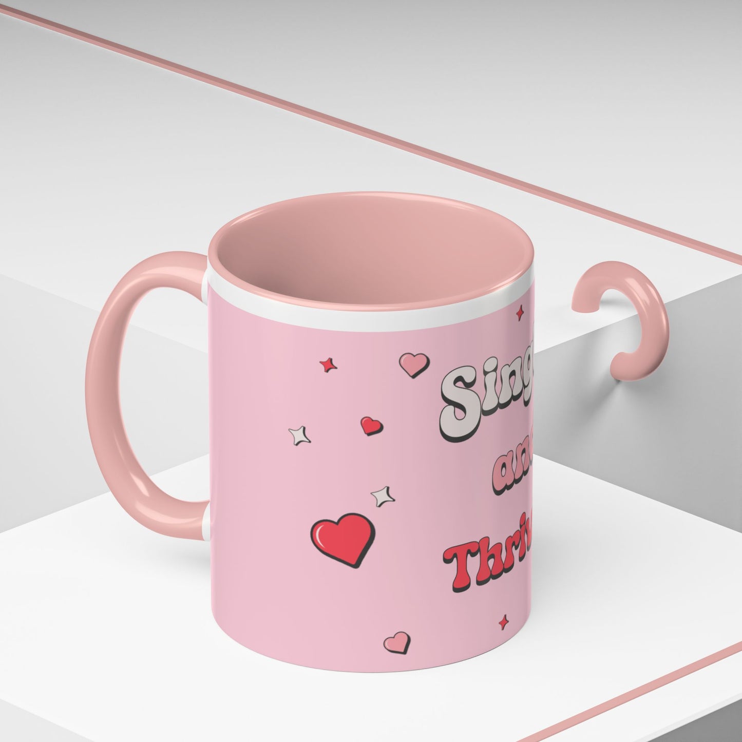 Single and thriving ceramic mug with hearts and sparkles